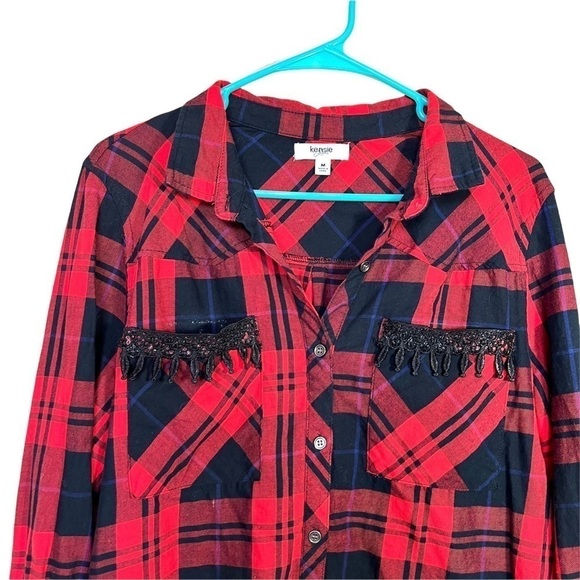 Kenzie Jeans Red and Black Button Crochet Double Breasted Pocket Blouse M - Picture 5 of 15